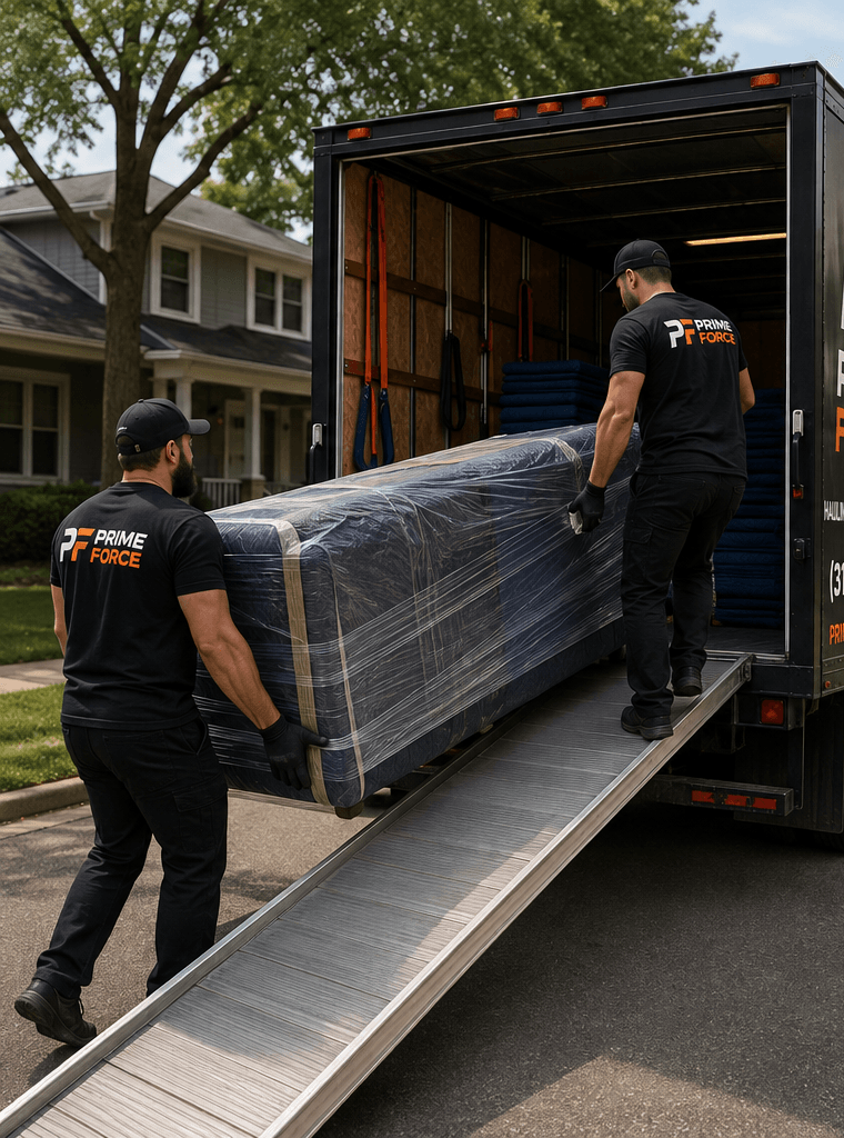 Two PRIME FORCE movers carrying a shrink-wrapped item up the ramp into a PRIME FORCE box truck